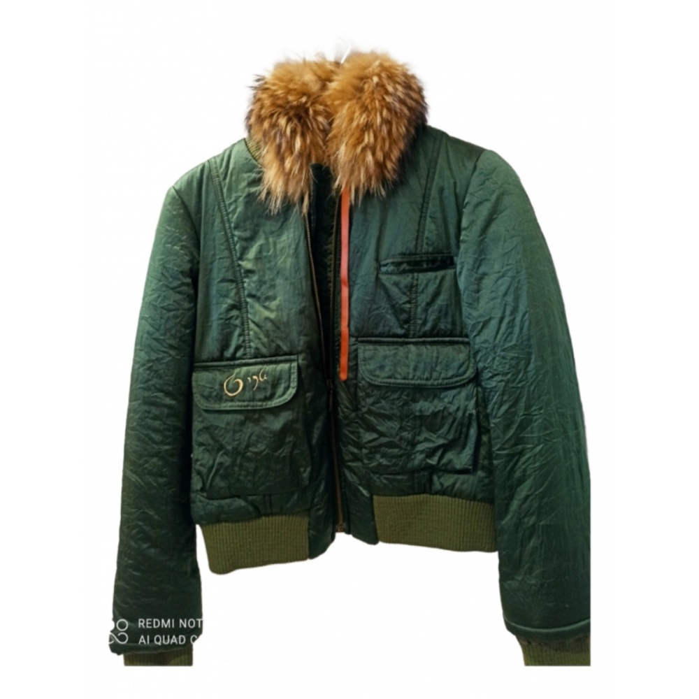 Romeo Gigli Green Silk Bomber Jacket Small with real fur collar…